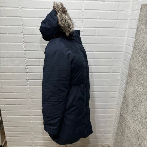 North Face Arctic Parka Down Jacket Navy Blue Faux Fur Hood Womens Med Winter - Picture 5 of 16